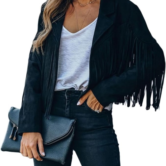 Jackets & Blazers - CHARTOU Faux-Leather, Fringe, Cropped Black Jacket - Size Medium